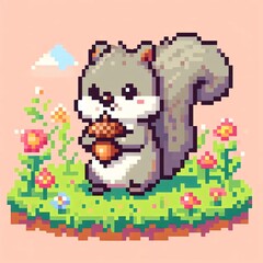 cartoon image of a squirrel holding a nut, pixel art