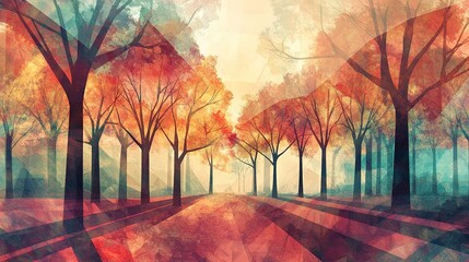 Serene autumnal path through a forest of colorful trees, bathed in warm sunlight.