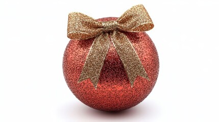 A red and gold christmas ornament with a gold bow
