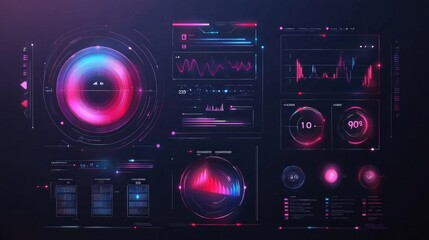 Fototapeta premium Futuristic data visualization interface with graphs and metrics in vibrant colors.