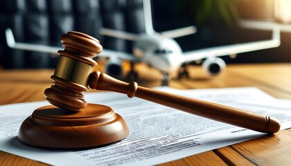 Legal gavel on aviation documents with airplane in the background, representing air travel laws and passenger rights