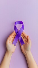 Purple ribbon in female hands. International symbol of violence. Artificial intelligence. 