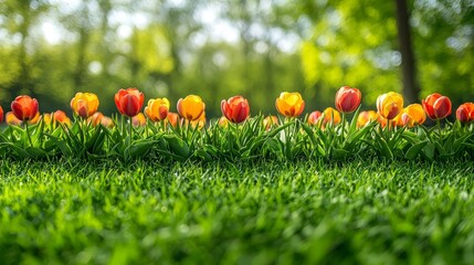 A field of red and yellow tulips in the middle of a green field