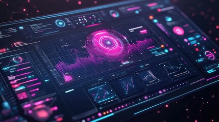 Obraz premium Futuristic digital interface displaying data analytics and visualizations in vibrant colors.