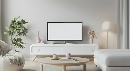 A blank TV box mock-up, displayed in a modern living room setting 3d illustration brand mock-up template.