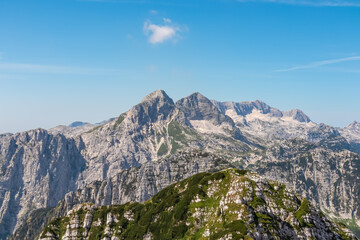 Scenic view of pristine rugged mountain peaks of Kanin massif, Julian Alps, Italy, Europe. Wild...