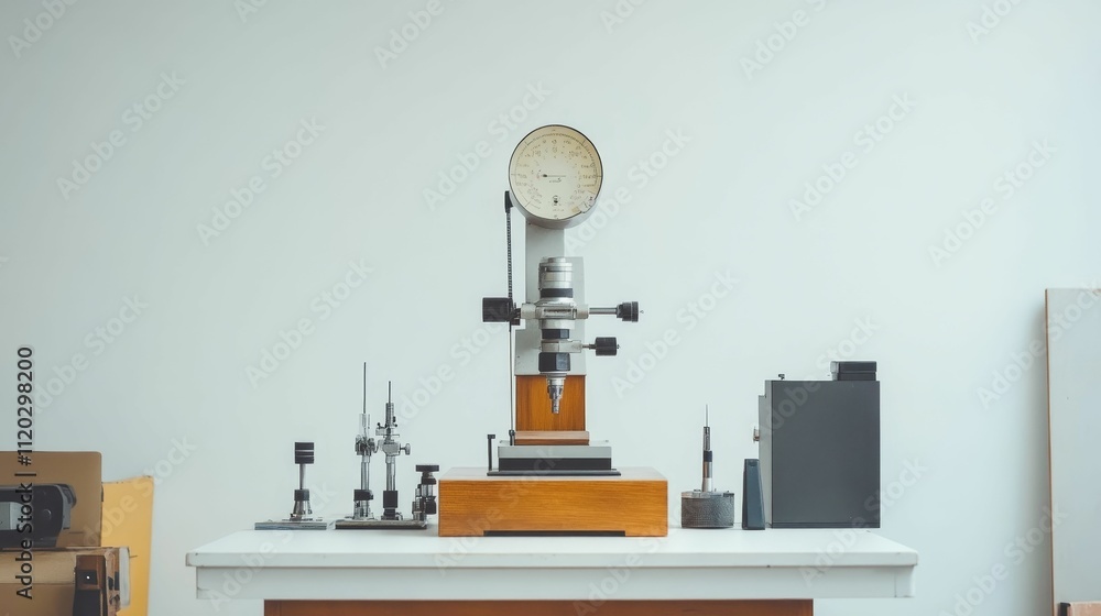 Poster precision instruments on a white lab table.