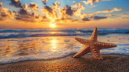 Fototapeta na wymiar A starfish on the beach at sunset with the sun setting in the background