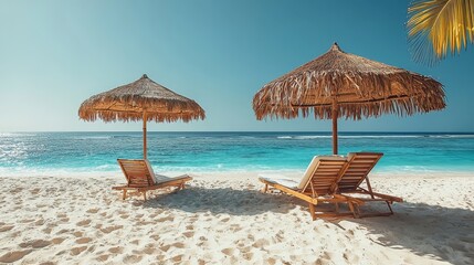 Two lounge chairs under thatched umbrellas on a sandy beach