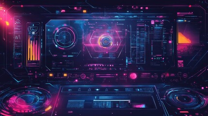 Obraz premium Futuristic digital interface with vibrant colors and data visualization elements.
