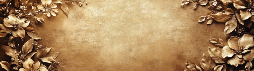 Golden floral frame on brown textured background.