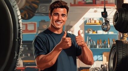 A handsome 25-year-old American car tire mechanic is inflating various tires with different tire inflators, displaying a contented smile and giving a thumbs-up.
