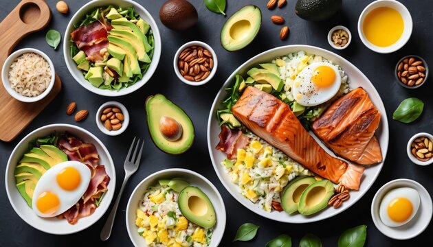 Ketogenic dishes using grilled salmon, grilled stake, eggs, avocados, crisp bacon, coliflower rice salad, nuts chease and other keto diet ingredients,