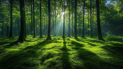 Obraz premium The sun is shining through the trees in the forest