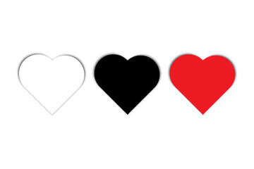 Heart icons vector. White, black, and red hearts. Minimalist flat design. Subtle shadow effect.