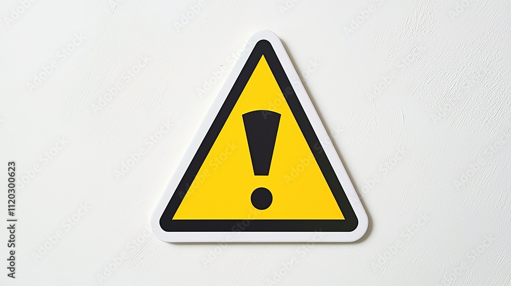 Poster a yellow warning sign in a triangular shape featuring an exclamation mark, indicating caution or ale