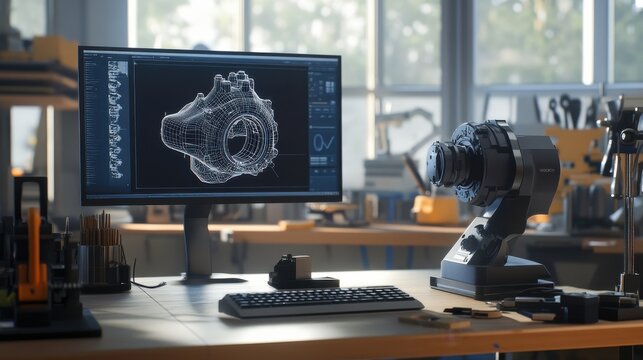 Realistic photo of a reverse engineering setup in a workshop. The scene includes a high-resolution 3D scanner positioned in front of a mechanical part, capturing its intricate details.