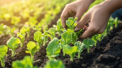 Hands tending to young plants in a garden, showcasing nurturing and growth.
