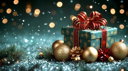 A blue gift box with a red bow and gold ornaments