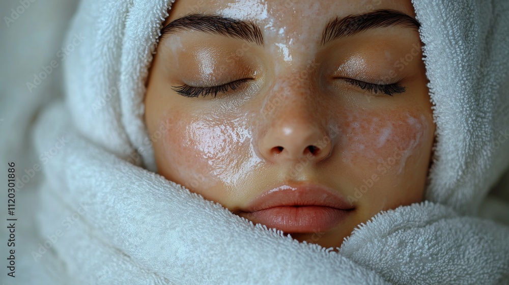 Poster a young woman enjoys a calming facial treatment with a hydrating mask applied to her skin while wrap