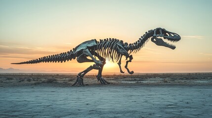 Dinosaur skeleton silhouette at sunset in desert.