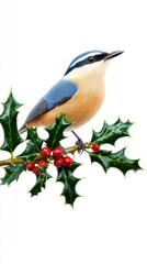 A vibrant bird perched on a holly branch, showcasing its colorful plumage and festive surroundings.
