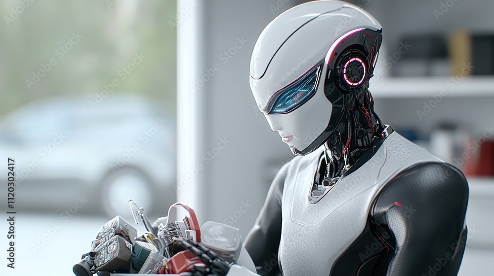Poster a humanoid robot examining various electronic components.
