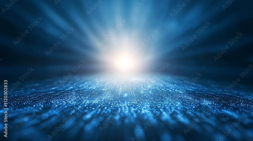 Poster abstract blue background with radiant light and shimmering particles for digital and technology conc
