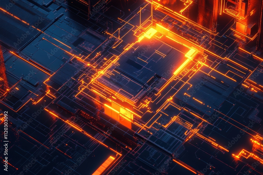 Poster a computer chip with orange and black lines. generative ai