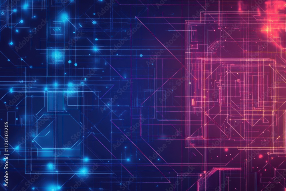 Poster a colorful background with blue and red lines and dots. generative ai