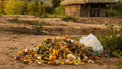 Obraz premium Decomposing organic waste on earthy terrain, accompanied by growing weeds, illustrating poor waste management efforts.