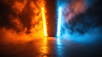 Obraz premium Illustration of neon lights illuminating a dark smoky street divided into two colors, orange and blue. AI generated image