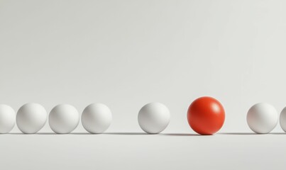 Red sphere among aligned white spheres.