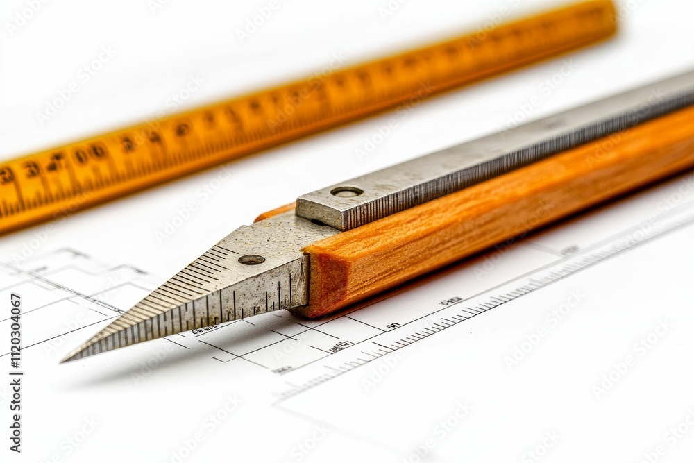 Poster drafting tools on blueprint; precise measurement.