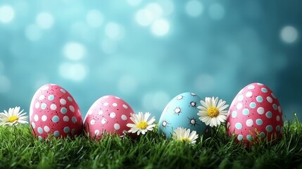A group of colorful easter eggs sitting on top of a lush green field