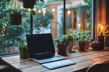 Cozy Workspace with Lush Greenery and Warm Lighting