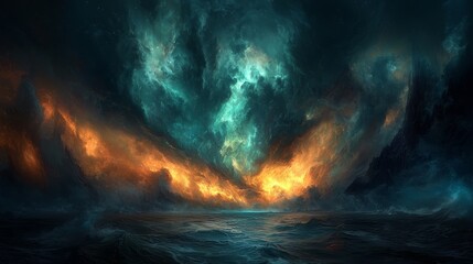 Fototapeta premium A painting of a stormy sea with a large wave in the middle