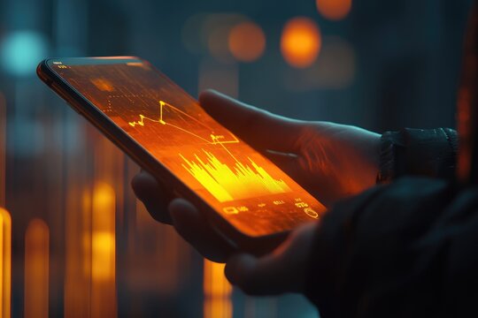 Person reviewing stock market data on a smartphone with vibrant orange and yellow graphs displayed on the screen.