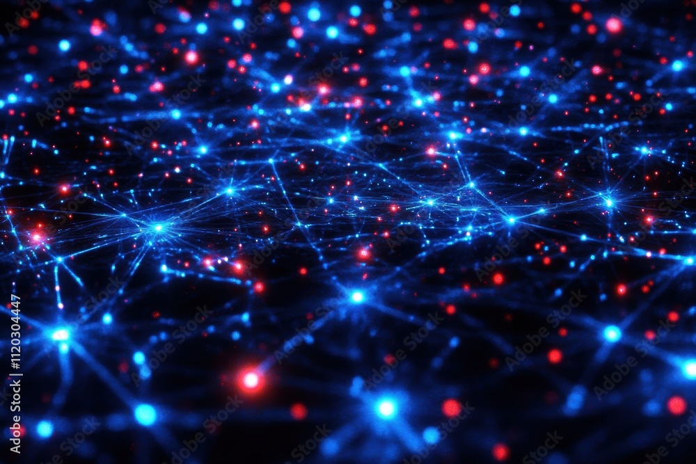 Poster a blue and red background with many small dots. generative ai