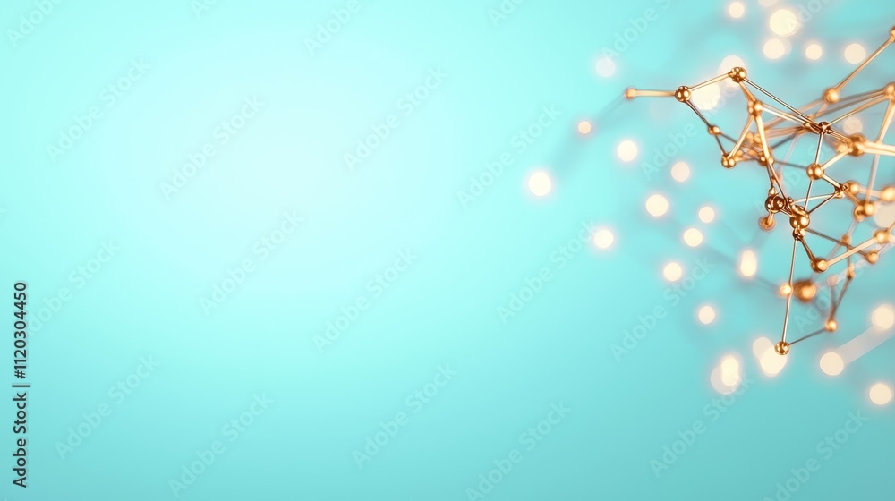 Poster abstract network connection with golden nodes and bright dots on soft blue background for technology