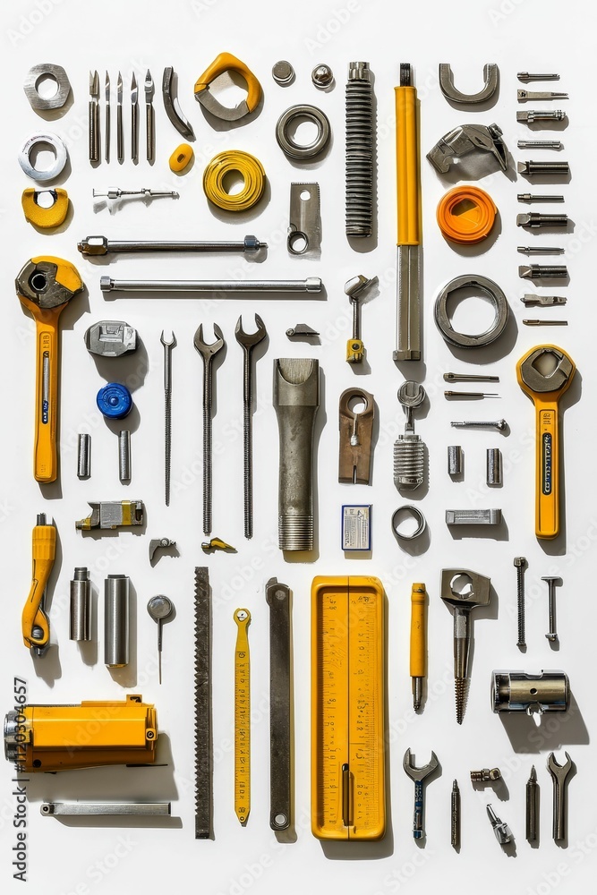 Poster assorted tools arranged neatly on white background.