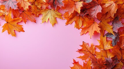 A bunch of orange and red leaves on a pink background