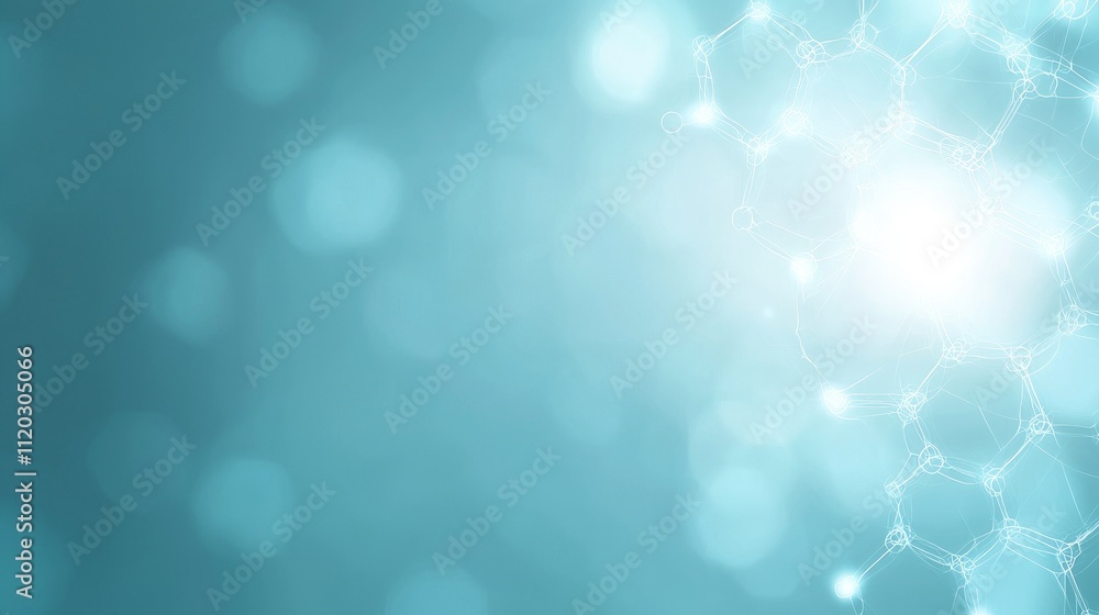 Poster abstract blue background with soft bokeh effect and molecular structure illustration in light scienc