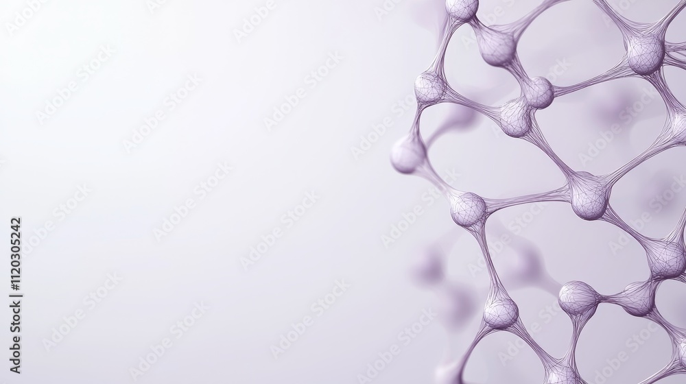Poster abstract illustration of molecular structure with delicate connections and light purple color on sof