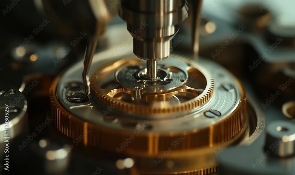 Poster precise mechanism; intricate gears, close-up view.