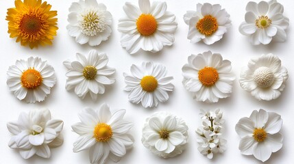 Obraz premium A bunch of white and yellow flowers on a white surface
