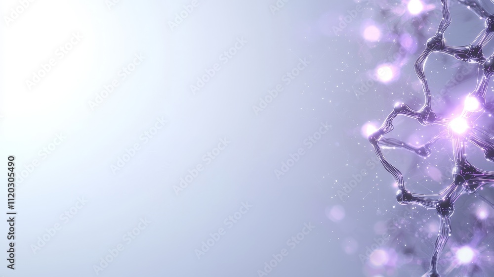 Poster abstract representation of molecular structure with glowing elements on a soft blue background