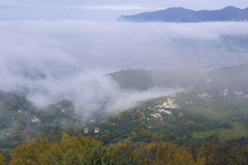 Obraz premium landscape of the city of Terni in a foggy day, umbria, italy, europe