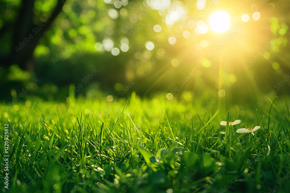 Poster vivid green grass illuminated by golden sunlight with bokeh in the background creating a fresh and v