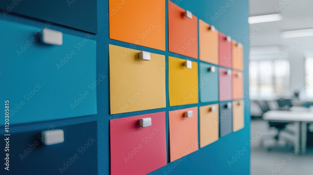 Poster a colorful wall-mounted storage system with drawers in various hues, creating a vibrant and organize
